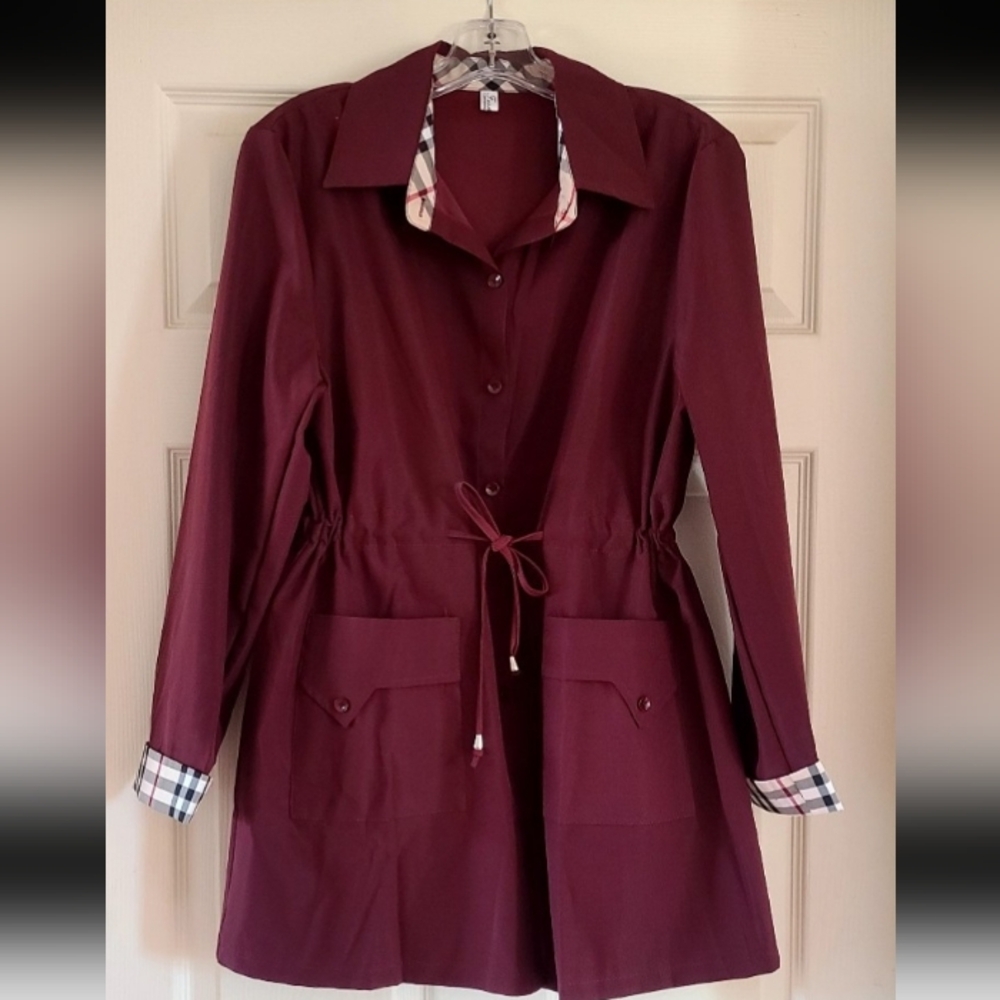 Women's Burgundy Jacket with Plaid Accents